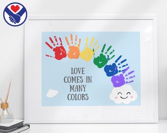 Love Comes In Many Colors Handprint Art Printable | Love is Love LGBT Pride Month Handprint Art | Gift for Gay Pride