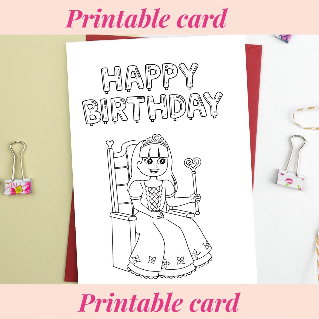 Printable Princess Card , Princess Colouring in Card , Birthday Card ...