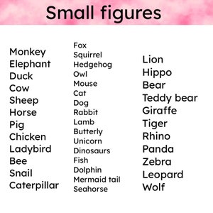 May include: A list of animal names, including monkey, elephant, duck, cow, sheep, horse, pig, chicken, ladybug, bee, snail, caterpillar, fox, squirrel, hedgehog, owl, mouse, cat, dog, rabbit, lamb, butterfly, unicorn, dinosaurs, fish, dolphin, mermaid tail, seahorse, lion, hippo, bear, teddy bear, giraffe, tiger, rhino, panda, zebra, leopard, and wolf.
