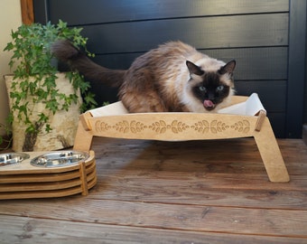 Hamaca para gatos, cama ergonómica para gatos, cama para mascotas con patrón tallado en madera, regalo para gatos, regalo para amantes de los gatos, accesorios para gatos KARPO, muebles para mascotas