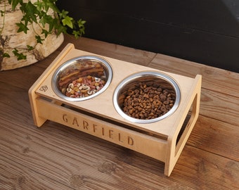 Raised Cat or Small Dog Bowls Stand, Elevated Feeding Station, Carved Personalization Pet Food Stand, Tilted Cat Bowl Stand x 350ml/1.5cups