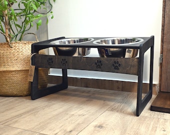 Tilted Double XL Raised Dog Food Stand with 2 bowls x 2500 ml / 10 cups, Elevated Dog Bowl Feeder, Wood Dog Bowl Stand