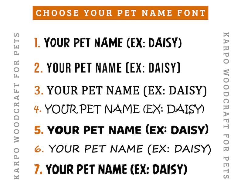 May include: Seven different font styles for pet names, with the example name "Daisy" shown in each style. The text "Choose Your Pet Name Font" is at the top of the image.