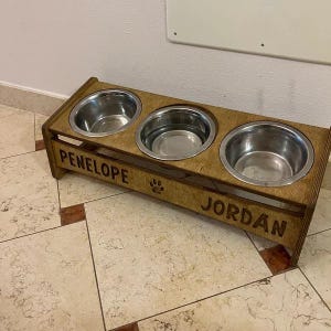 Elevated Triple Feeder for Dogs, Personalized Tilted Food Bar for Multiple Dogs Households, Raised Dog Feeding Station with 3 Bowls chestnut