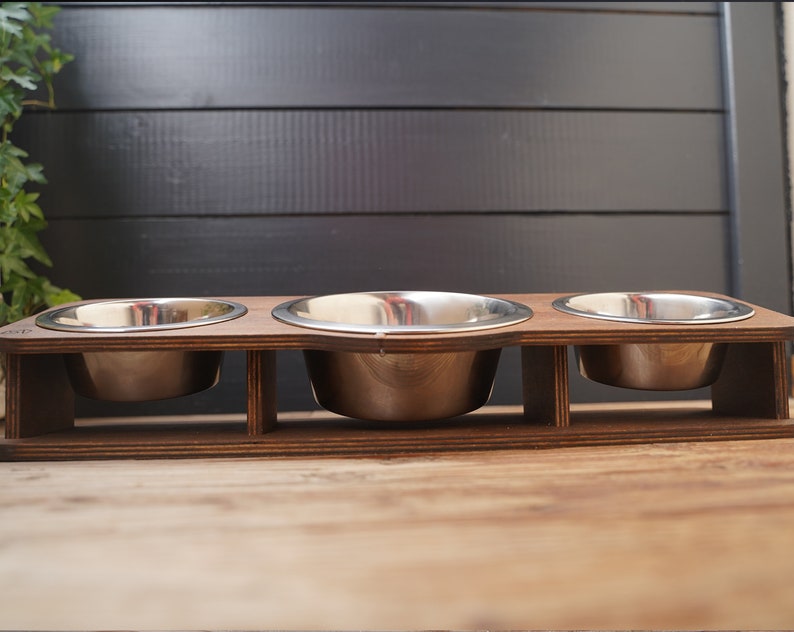 elevated triple wood bowl stand