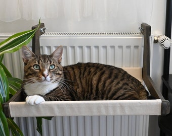 Radiateur Lit hamac pour chat en matériaux naturels, hamac chauffant, étagère réglable suspendue pour lit pour chat, meubles modernes pour lit pour chat, KARPO