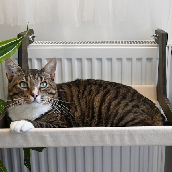 Radiateur Lit hamac pour chat en matériaux naturels, hamac chauffant, étagère réglable suspendue pour lit pour chat, meubles modernes pour lit pour chat, KARPO