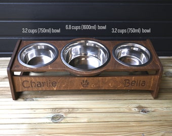 Triple Raised Dog Bowl Food Stand, Elevated Feeding Station for Pets - Dog Gift | 2x800ml (3cups) and 1x1600ml (7cups)