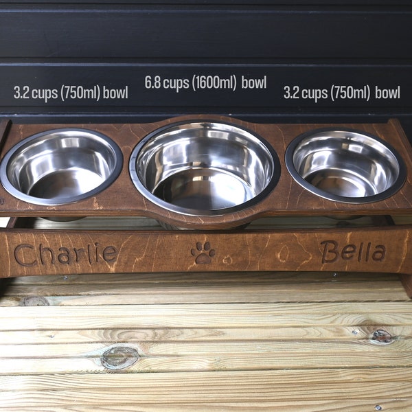 Triple Raised Dog Bowl Food Stand, Elevated Feeding Station for Pets - Dog Gift | 2x800ml (3cups) and 1x1600ml (7cups)