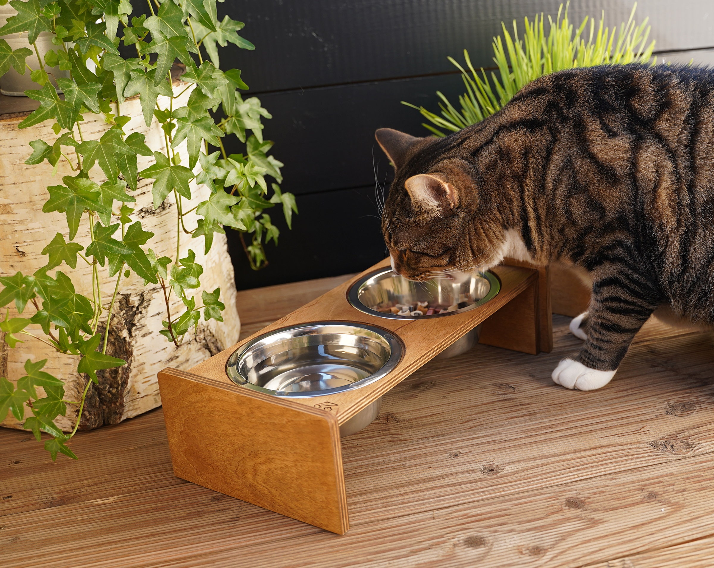Cat Wooden Bowl Stand 350ml /1.5 Cups, Elevated Feeding Station