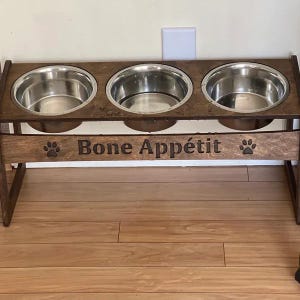 Elevated Triple Feeder for Dogs, Personalized Tilted Food Bar for Multiple Dogs Households, Raised Dog Feeding Station with 3 Bowls walnut
