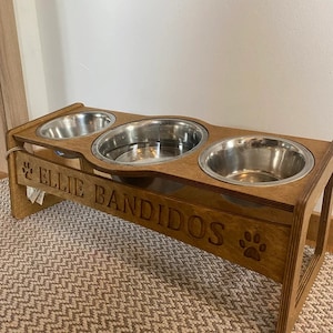 Triple Raised Dog Bowl Food Stand, Elevated Feeding Station for Pets Dog Gift 2x800ml 3cups and 1x1600ml 7cups Chestnut