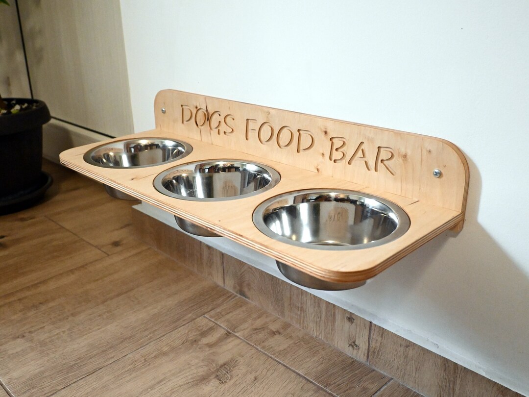 Wall Mounted Dog Bowls Stand, Raised Dog Feeding Bar, Elevated Floating