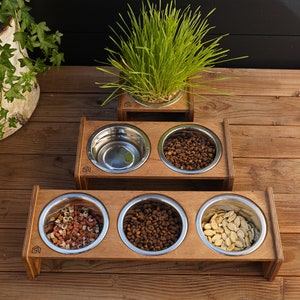 Cat Wooden Bowl Stand 350ml /1.5 cups, Elevated Feeding Station for Cats or Small Dogs; Single, Double or Triple Raised Cat Food Stand