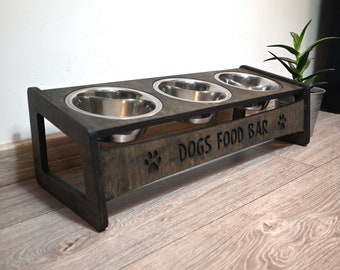 Raised Dog Feeding Station with 3 bowls x 600ml / 2.5 cups, Dog Elevated Triple Feeder, Personalized Tilted Food Bar for Medium Dogs