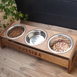 Raised Cat or Small Dog Bowls Stand, Elevated Feeding Station, Carved Personalization Pet Food Stand, Tilted Cat Bowl Stand x 350ml/1.5cups