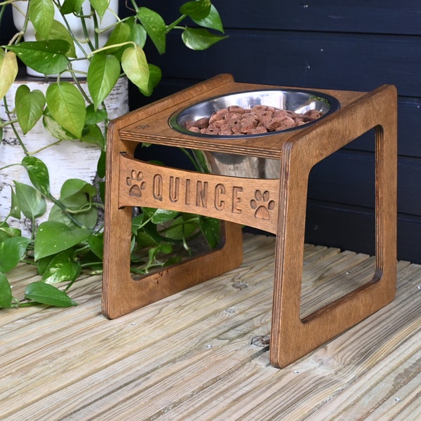 Elevated Single Dog Feeder, Dog Bowls Stand with Personalized Name Tag, Raised Dog Feeding Station, Custom Height and Stainless Steel Bowls