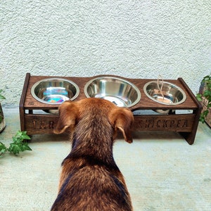 Triple Raised Dog Bowl Food Stand, Elevated Feeding Station for Pets Dog Gift 2x800ml 3cups and 1x1600ml 7cups Walnut