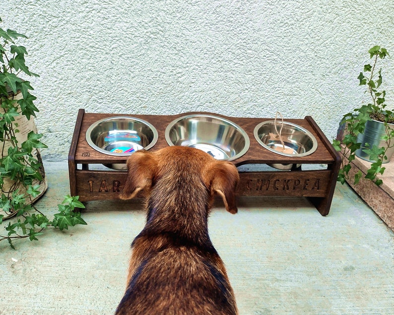Triple Raised Dog Bowl Food Stand, Elevated Feeding Station for Pets Dog Gift 2x800ml 3cups and 1x1600ml 7cups Walnut