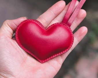 Handmade Leather Heart Keychain: Red Purse Bag Charm