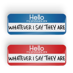 Puede incluir: Dos etiquetas de nombre, una azul y otra roja, con el texto "Hello my pronouns are WHATEVER I SAY THEY ARE" en cada una.