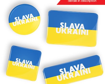 May include: Four blue and yellow buttons with the text "SLAVA UKRAINI" in white. The buttons are in different sizes and shapes.