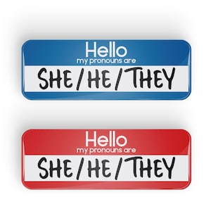 以下が含まれることがあります： 「こんにちは、私の代名詞はSHE/HE/THEYです」と書かれた青と赤のネームタグ2つ