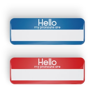 May include: Two name tags, one blue and one red, with the text "Hello my pronouns are" on each. The name tags have a blank space for writing in a name.