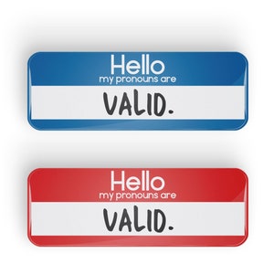May include: Two name tags, one blue and one red, with the text "Hello, my pronouns are VALID." on each.