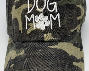 Dog Mom Embroidered Baseball Hat, Vintage Wash, Camo Cap, Gift for Dog Lovers, Dog Mamas, Fur Moms, Dog Mum Gifts, Cute Dog Mom Accessories