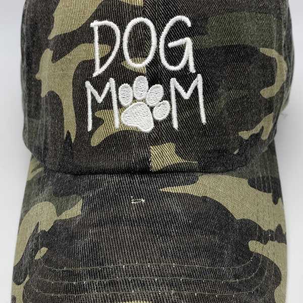 Dog Mom Embroidered Baseball Hat, Vintage Wash, Camo Cap, Gift for Dog Lovers, Dog Mamas, Fur Moms, Dog Mum Gifts, Cute Dog Mom Accessories