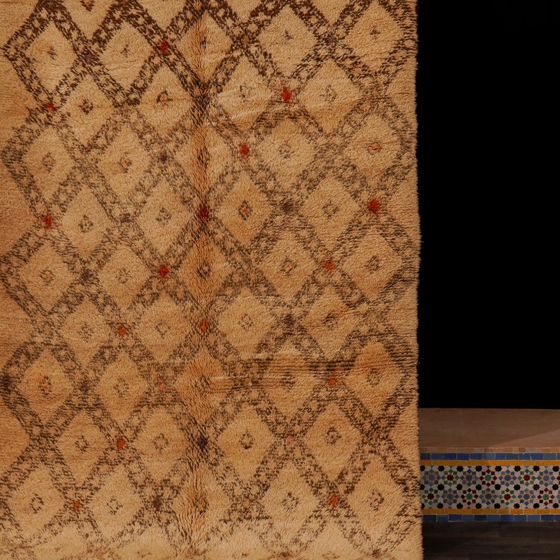 Pu&ograve; includere: Un tappeto marocchino beige con un motivo a rombi intrecciato in marrone. Il tappeto ha frange sui bordi.