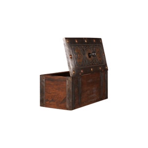 May include: A wooden box with a metal lid and intricate design. The lid is open and the box is made of dark wood with metal accents.