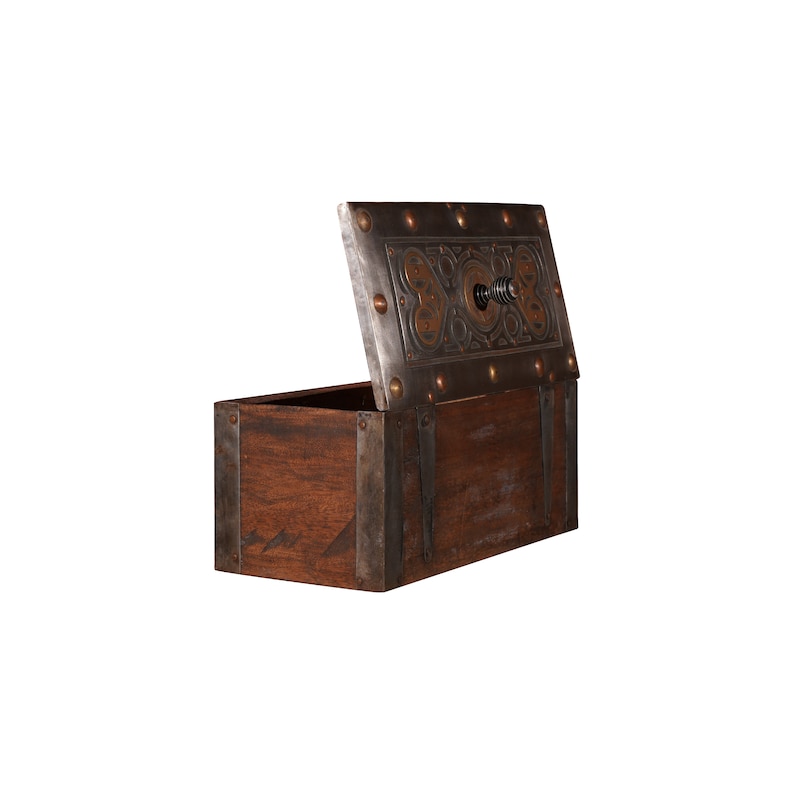 May include: A wooden box with a metal lid and intricate design. The lid is open and the box is made of dark wood with metal accents.