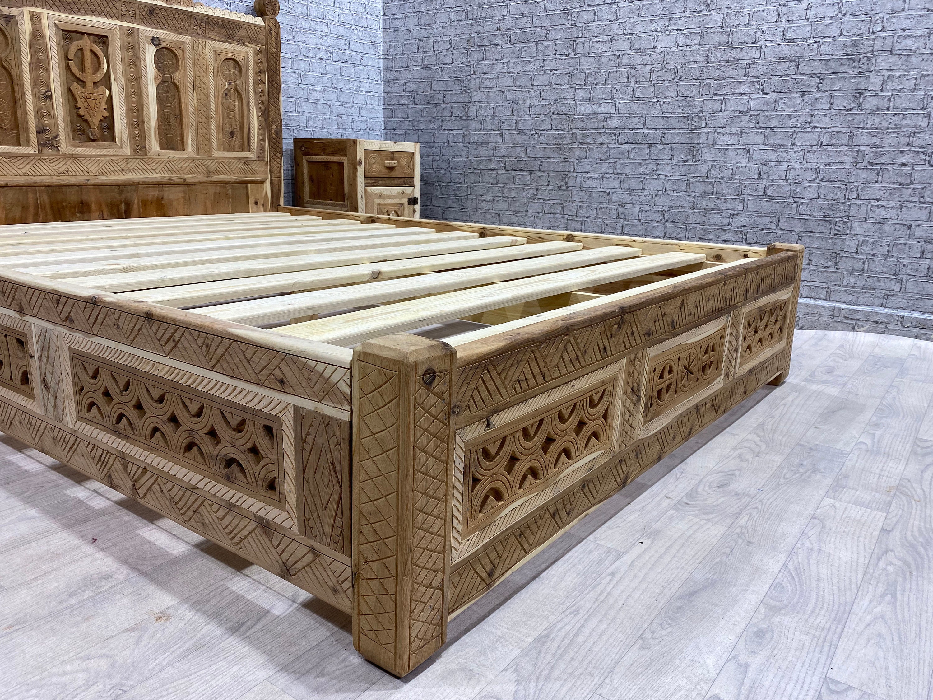 Unique Moroccan Bed Frame, Berber Wood Craved Bed Frame, Bohemian Bed, Two  Bedsides, Full Size Wooden Bed Frame, Free Shipping - Etsy