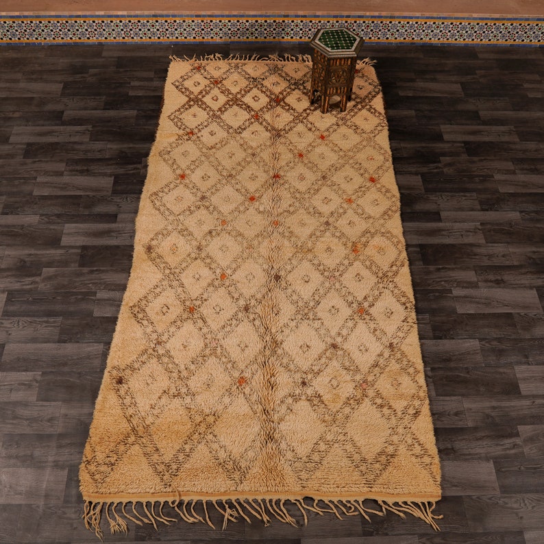 Pu&ograve; includere: Un tappeto marocchino beige con un motivo a rombi marrone. Il tappeto ha frange sui bordi ed &egrave; steso su un pavimento in legno.