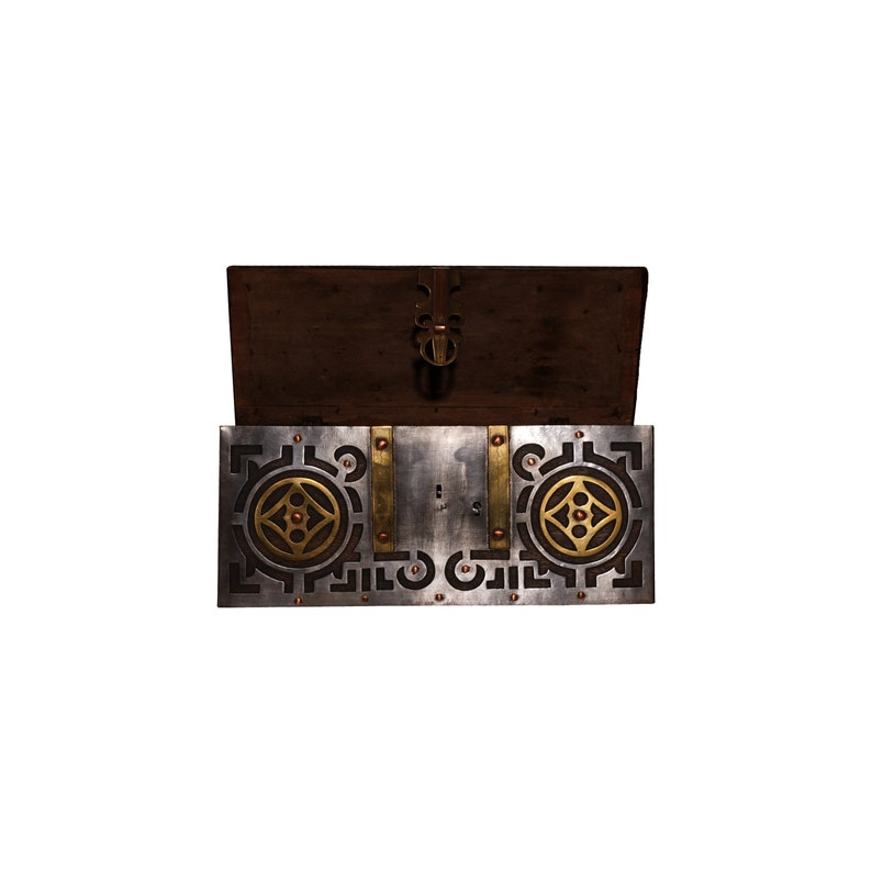 May include: An antique-style metal chest with a hinged lid, open to reveal a wood interior. The chest has a decorative design with brass accents and a keyhole.