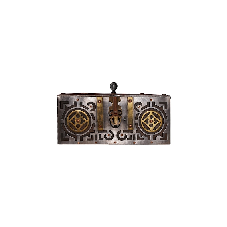 May include: A silver metal box with a decorative brass design and a black knob on the top. The box has a geometric pattern with circles and squares.