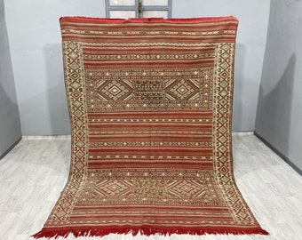 Lovely Moroccan Zammeri Rug, Home Decor, Unique Red Rug, Middle Atlas kilim, Flat woven Rug ( 193 x 267 Cm ). Free shipping