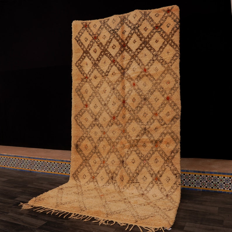 Pu&ograve; includere: Un tappeto marocchino beige con un motivo a rombi in marrone e rosso. Il tappeto ha un bordo a frange.