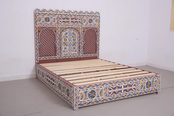Colourful Bed Frame, Moroccan Hand‑Carved Bed, Moroccan Traditional Bed Frame, Handmade Bed Frame, Custom Bed Frame, Free Shipping