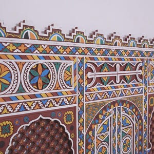 May include: A detailed, hand-carved wooden panel with a vibrant geometric design. The artwork incorporates a range of colours, such as blue, yellow, orange, and white. The panel has a decorative top edge and a dark brown background, with measurements in cm.