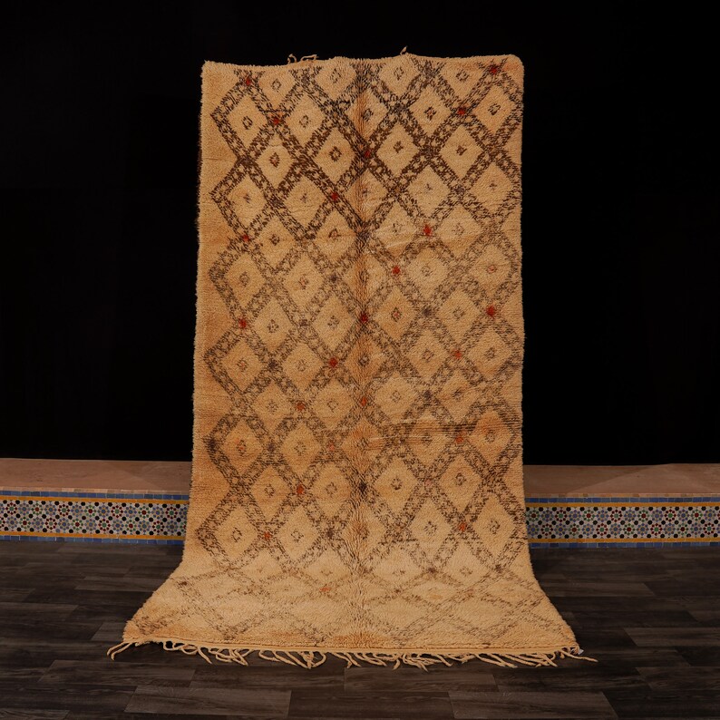 Pu&ograve; includere: Un tappeto marocchino beige con un motivo geometrico in marrone e rosso. Il tappeto ha un bordo a frangia ed &egrave; tessuto con un pelo alto.