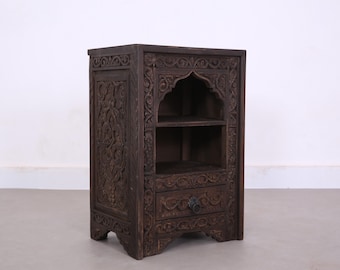 Handcrafted Moroccan Bedside Table – Bohemian Nightstand with Intricate Carving, Bohemian Decor, Free Shipping