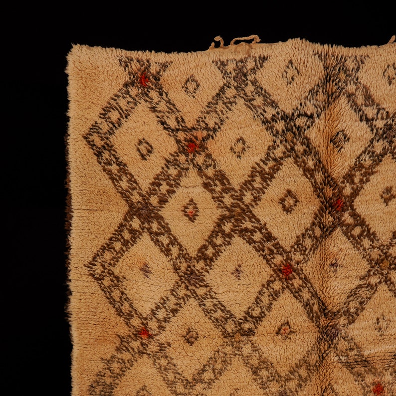 Pu&ograve; includere: Un tappeto beige con un motivo geometrico di rombi marroni e accenti rossi. Il tappeto &egrave; realizzato in un materiale morbido e soffice.