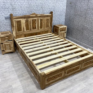 Unique Moroccan Bed Frame, Berber wood Craved Bed Frame, Bohemian Bed, Two Bedsides, Full size wooden Bed Frame, Free Shipping