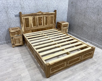 Unique Moroccan Bed Frame, Berber wood Craved Bed Frame, Bohemian Bed, Two Bedsides, Full size wooden Bed Frame, Free Shipping