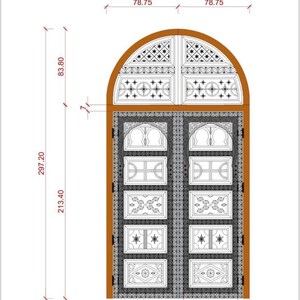 Op de afbeelding: Een gedetailleerde lijntekening van een dubbele houten deur met ingewikkelde geometrische patronen en een gebogen bovenkant. De deur is 213 cm hoog, 152 cm breed en in totaal 755 cm hoog.