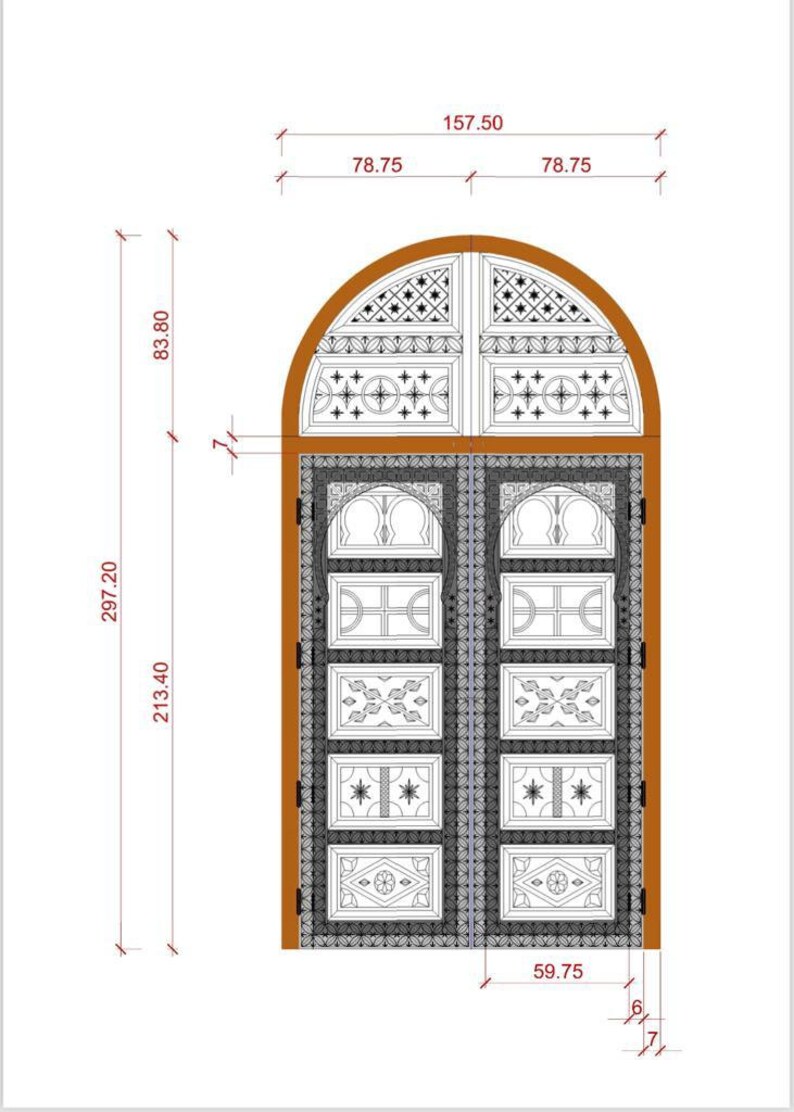 Op de afbeelding: Een gedetailleerde lijntekening van een dubbele houten deur met ingewikkelde geometrische patronen en een gebogen bovenkant. De deur is 213 cm hoog, 152 cm breed en in totaal 755 cm hoog.