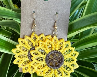 Embroidered earrings, Dangle earrings, Large Sunflower earrings, large Yellow earrings, Floral earrings